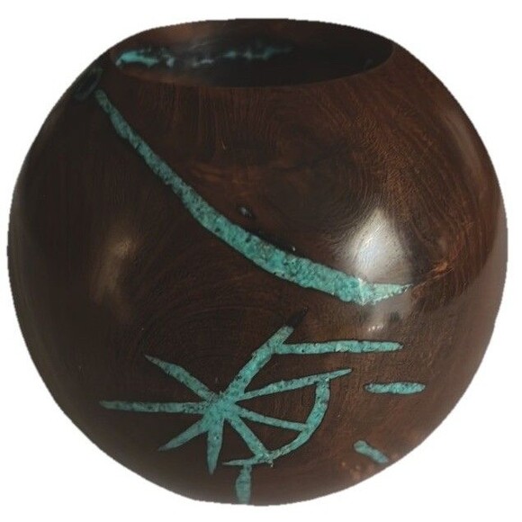 Handcrafted Signed Dark Wood Turquoise Inlay Candle Holder Artisan Southwestern - Picture 5 of 10